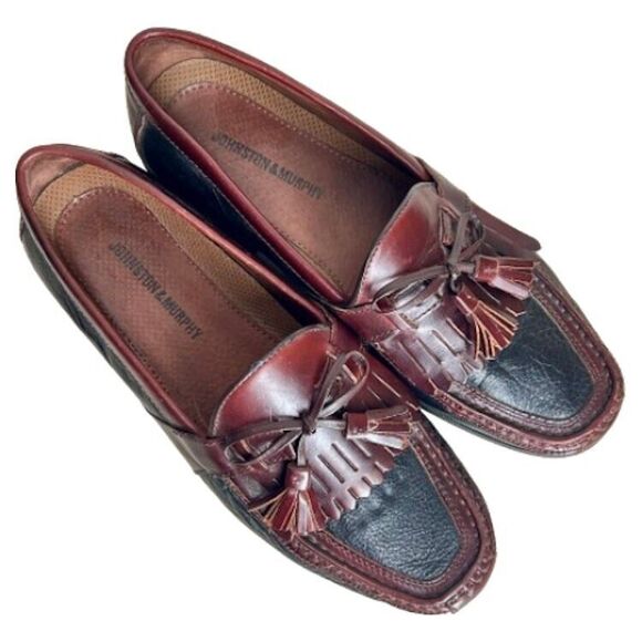 Johnston Murphy Mens Shoes 10 Black Brown Two Tone Leather Loafers Slip On Nice! - Picture 3 of 12